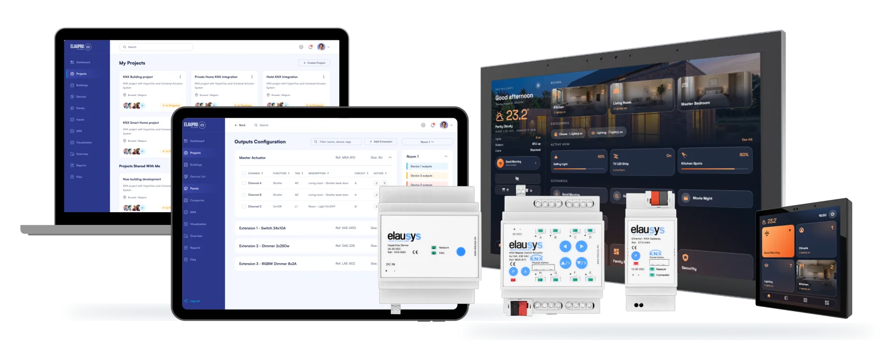 ElauPro design software, HyperVisu touchscreens, server, KNX actuator and gateway